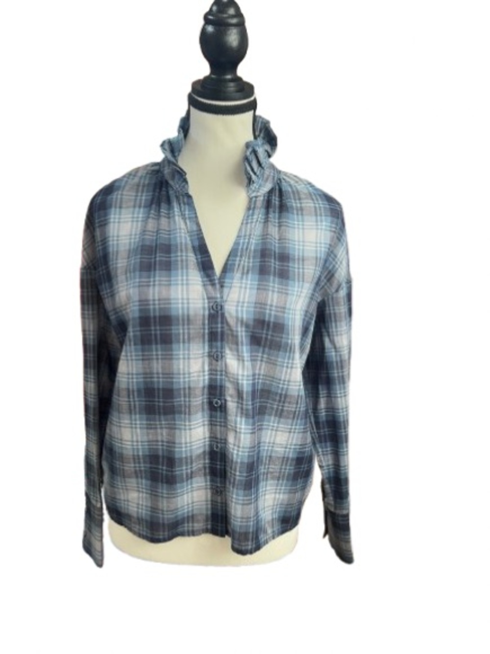 sundays Women’s 100% Cotton Weber Ruffle-Neck Blouse Sz XS Midnight Plaid NWT